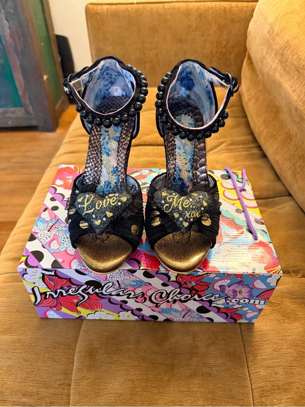 Irregular Choice Black & Gold Heart Ankle-Strap Heart Shaped Heels